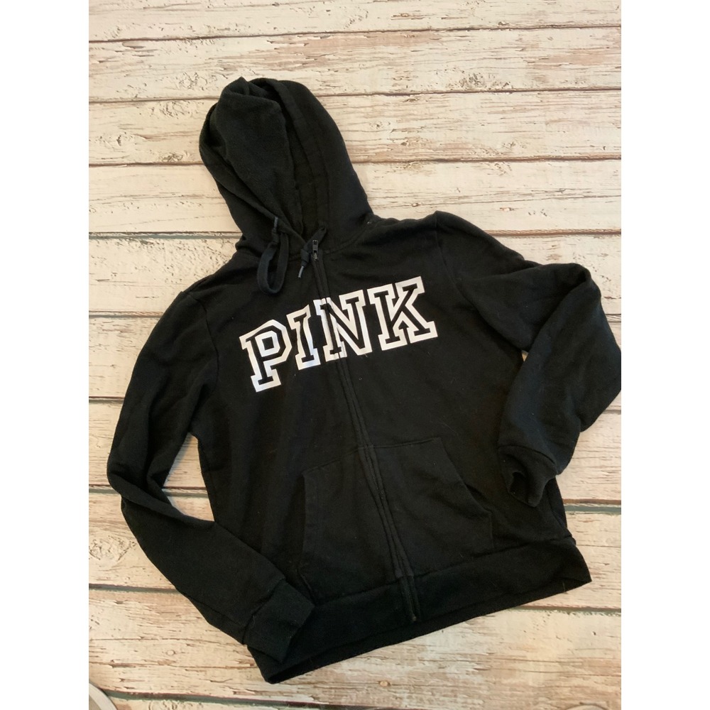 Victorias Secret PINK Full Zip Hoodie Black White‎ Logo Sweatshirt Womens Medium